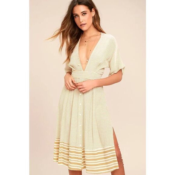 New. Faithfull the Brand Beige Striped Midi Dress. Size 4. Retails $180 - Picture 2 of 16